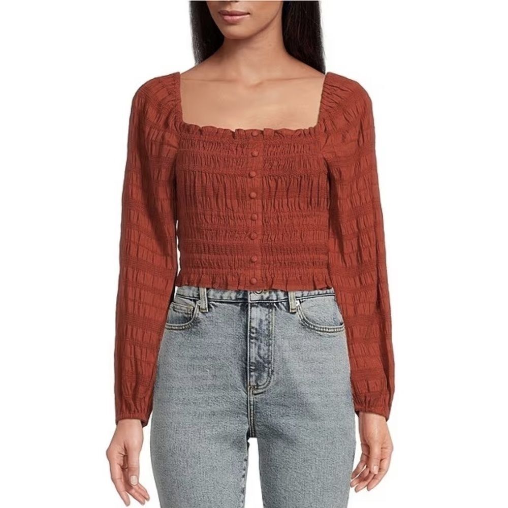 Gianni Bini Rylee Square Neck Faux Button Front Long Sleeve Blouse NWT